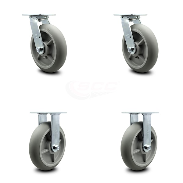 8 Inch Thermoplastic Rubber Caster Set with Roller Bearings 2 Swivel 2 Rigid SCC
